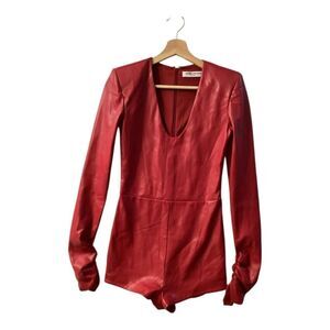 Amanda Uprichard Red Faux Leather Romper Long Sleeve Deep‎ Scoop Neck Bodysuit